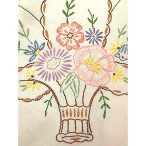 Vintage Hand Embroidered Linen Tablecloth Floral Basket 49 Inch Square
